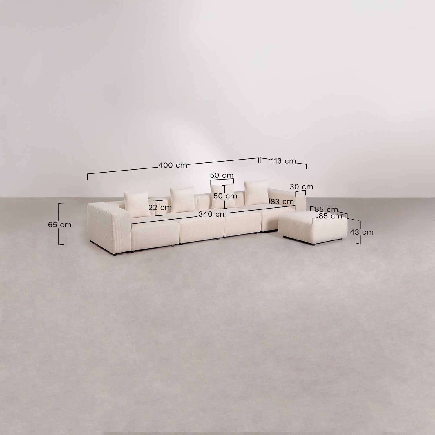 Sofa modulaire 4 pièces avec accoudoir haut et pouf ↔︎400 cm Bruna, mesures