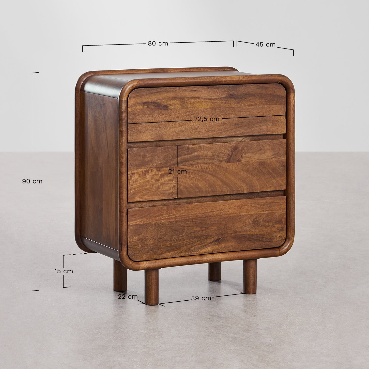 Commode 3 tiroirs en bois de manguier Gina, mesures