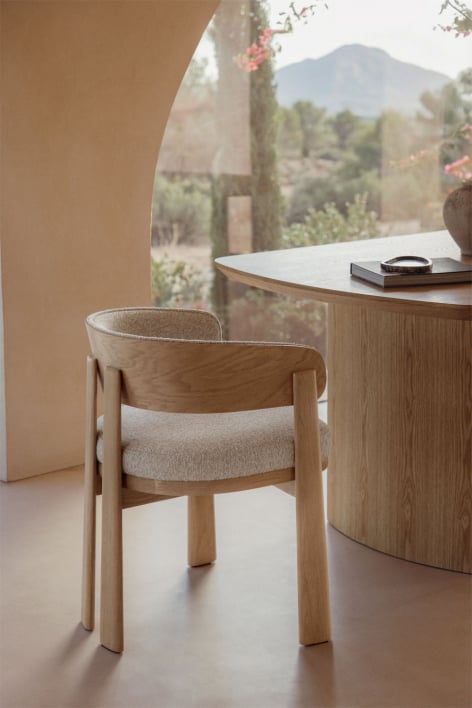 Chaise de salle à manger en chêne et tapissée Olea Signature - Bouclé Beige Crème
