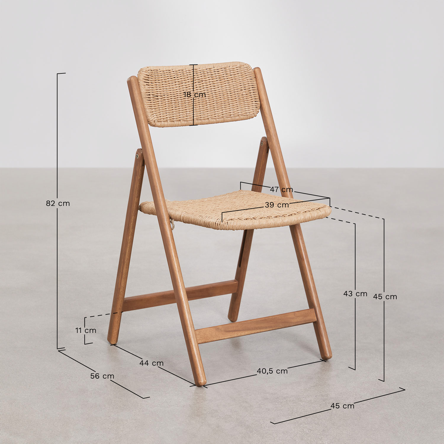 Chaise de salle à manger pliante en rotin synthétique et bois d'acacia Zayma, mesures