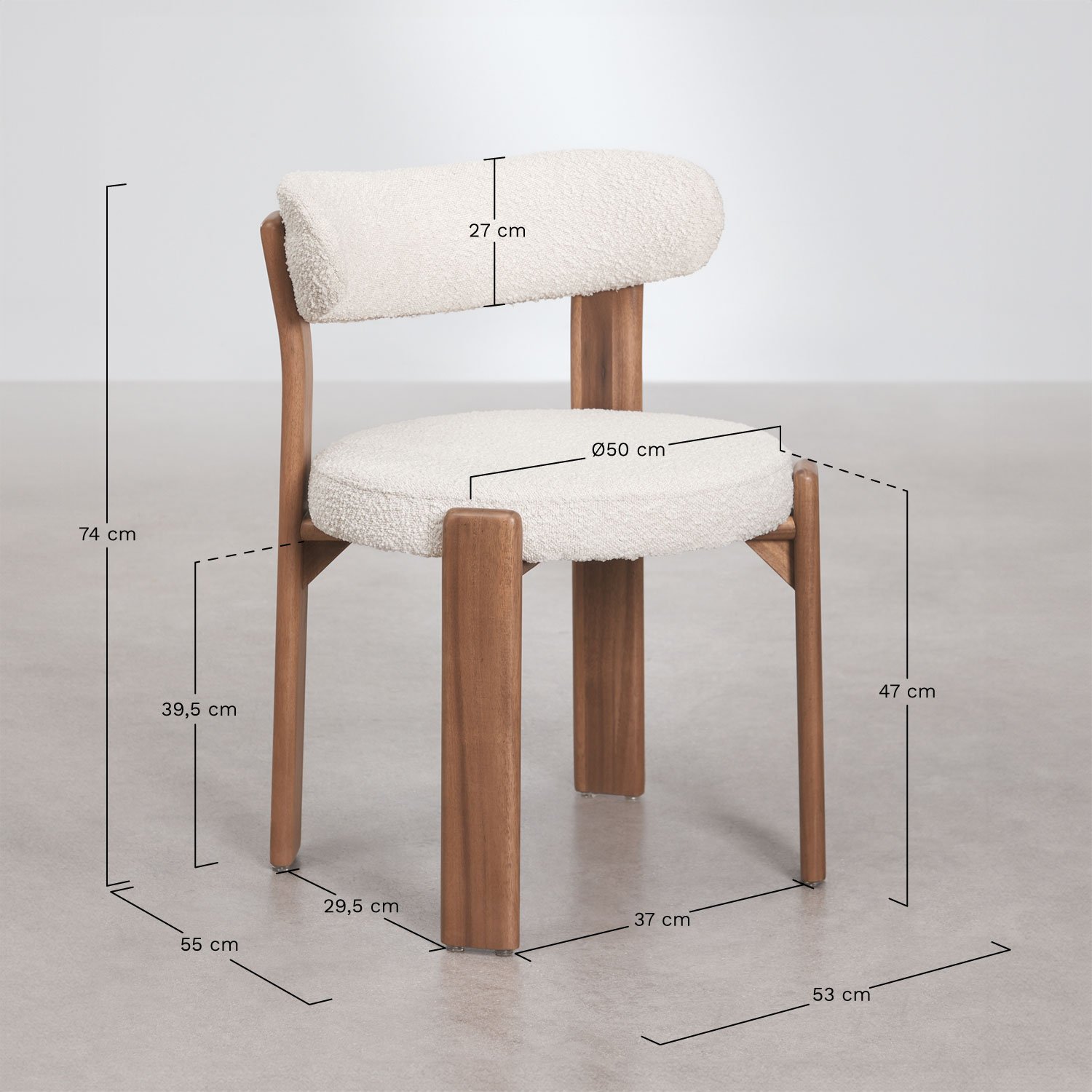 Pack de 2 chaises de jardin en bois d'acacia et tissu bouclé Milos, mesures