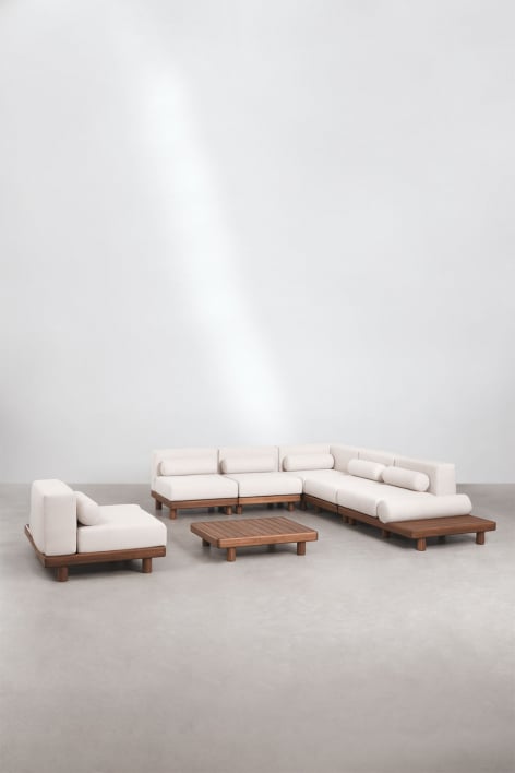 Ensemble de jardin avec canapé d'angle modulaire 5 pièces avec tables d'appoint et table basse ainsi qu'un fauteuil en acacia Ed