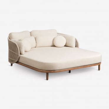 Chaise Longue Double Avec Coussins En Bois D'acacia Et Corde Tressée Capri Beige Crème - Sklum