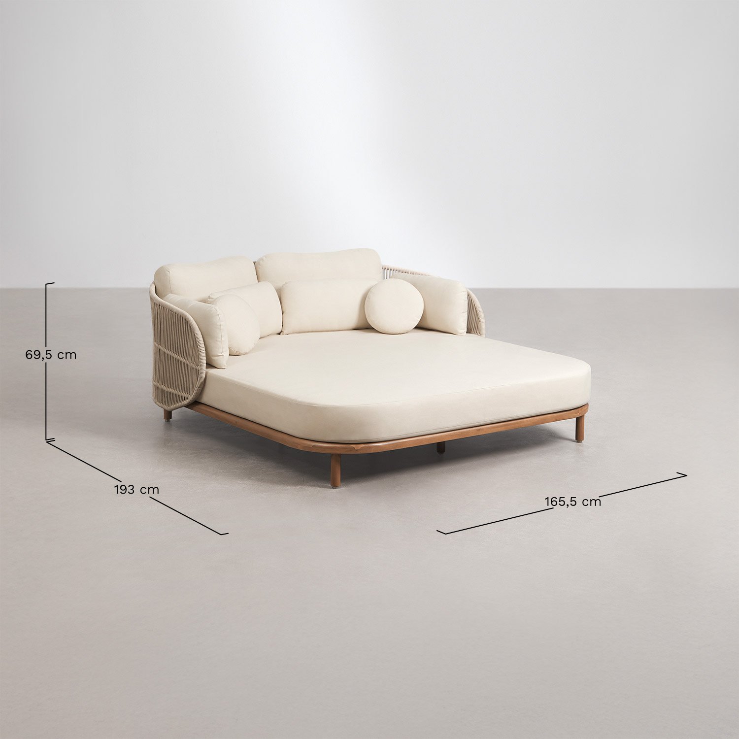 Chaise longue double en bois d'acacia avec coussins Capri, mesures