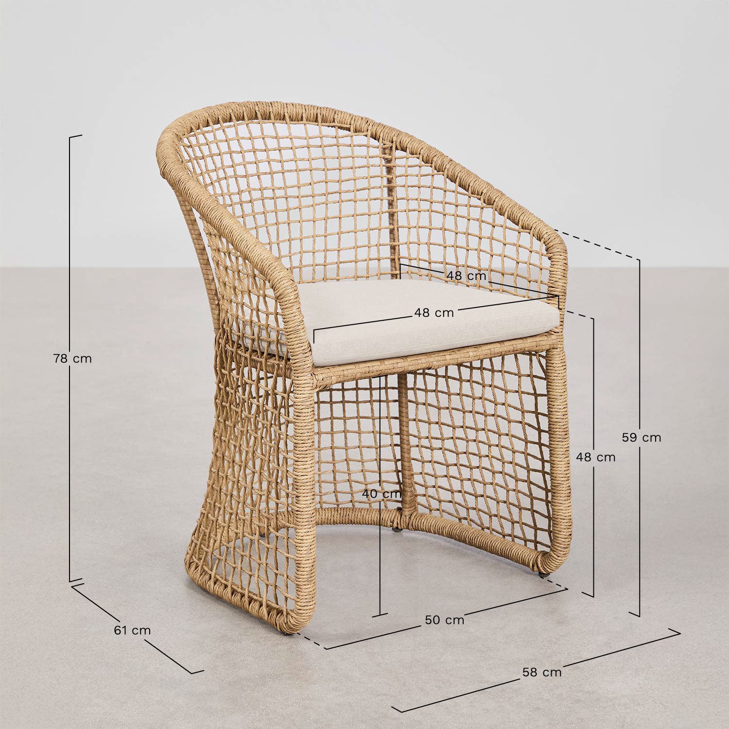 Pack de 4 chaises de salle à manger avec accoudoirs en acier et rotin synthétique Liparian, mesures