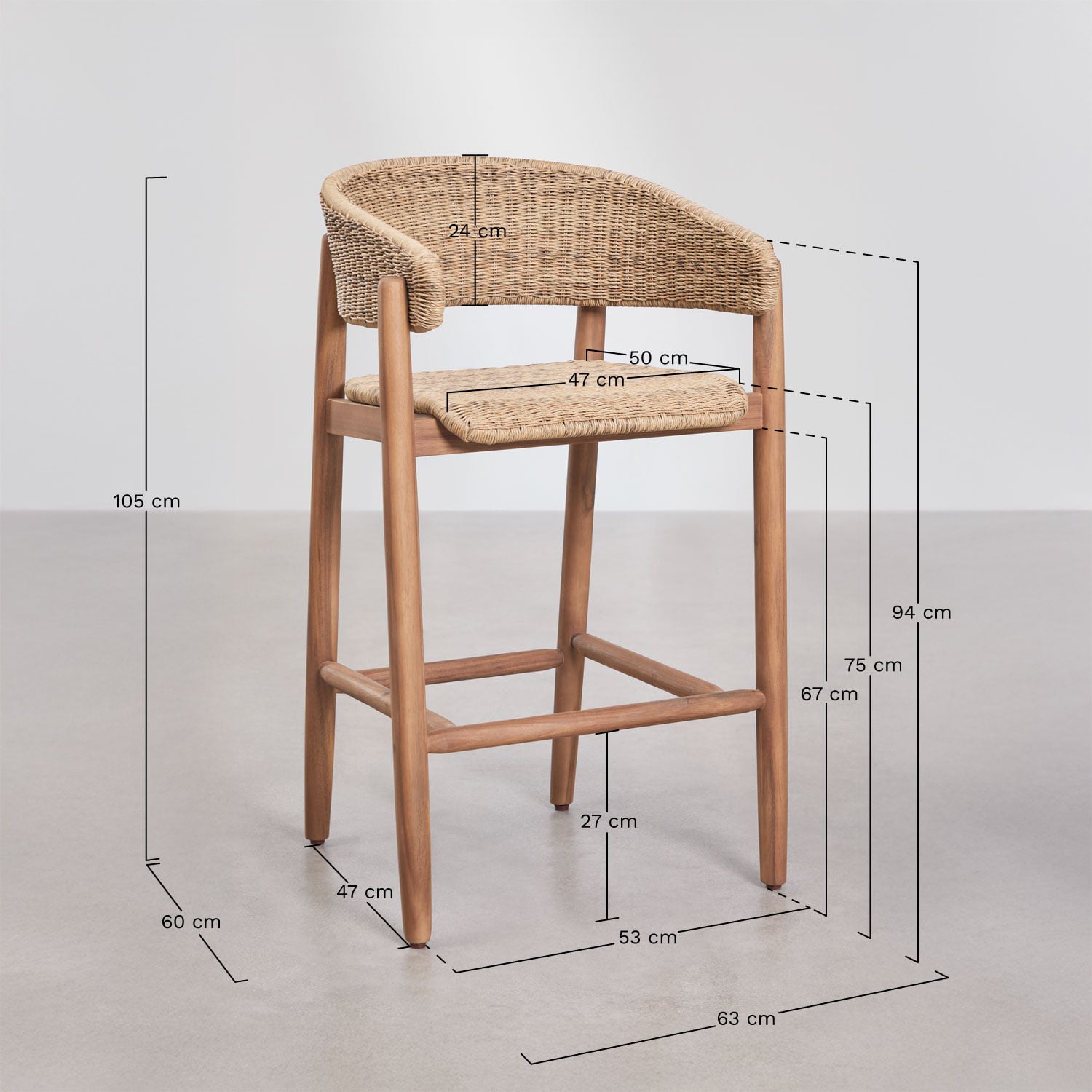 Pack de 2 tabourets hauts de jardin en bois d'acacia et rotin synthétique Ribeira, mesures