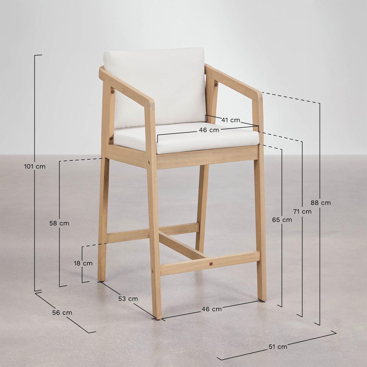 Tabouret de jardin haut en bois d'acacia Kaela, mesures