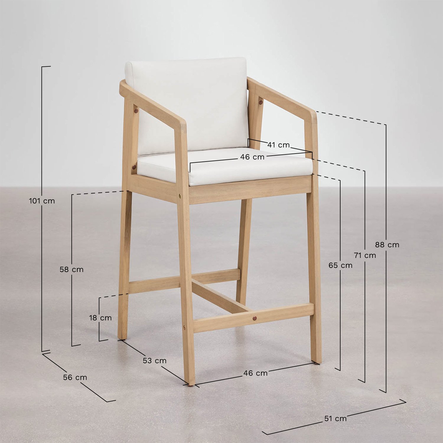 Tabouret haut Kaela en bois d'acacia, mesures