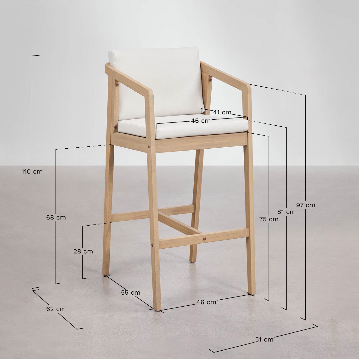 Tabouret haut Kaela en bois d'acacia, mesures