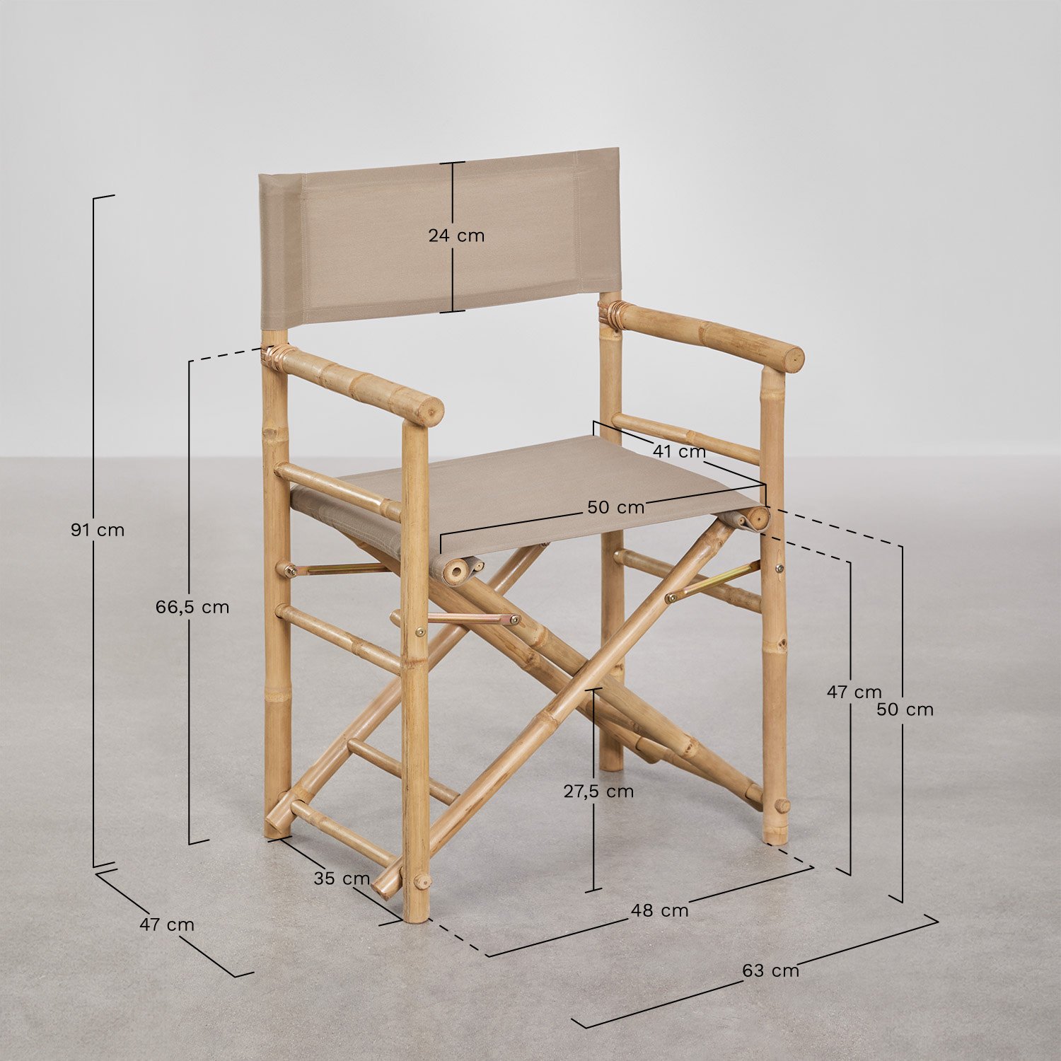 Chaise de réalisateur pliante en bambou Woody, mesures
