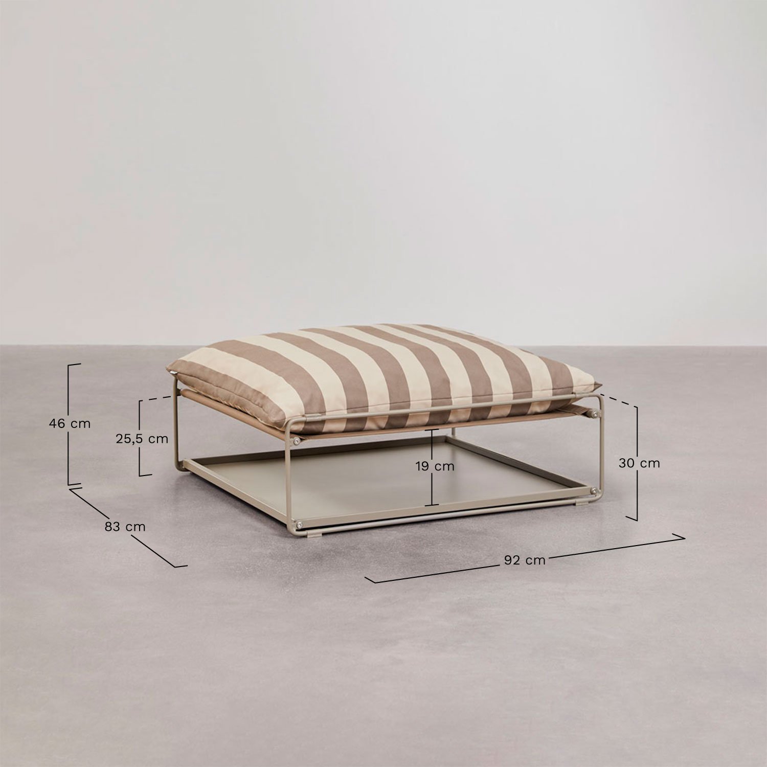 Ensemble de jardin avec canapé modulaire 2 pièces, table d'appoint et pouf convertible Amaro, mesures