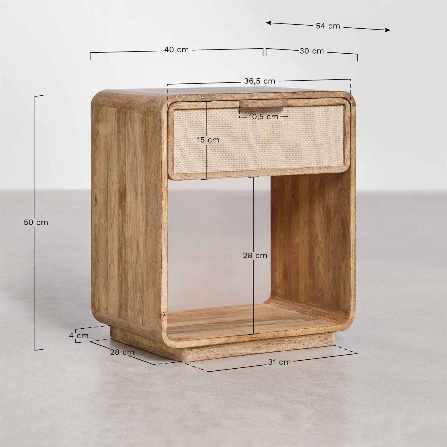 Pack de 2 tables de chevet rectangulaires 40x30 cm en bois de manguier, MDF et jute Abrams, mesures