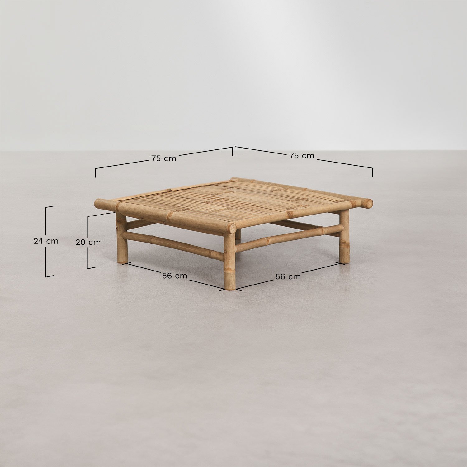 Ensemble de jardin avec canapé modulaire 3 pièces et table basse carrée 75x75 cm en bambou Isendra, mesures