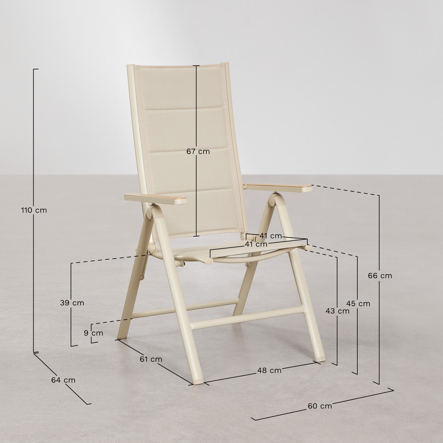 Pack de 2 chaises de jardin inclinables et pliantes avec accoudoirs en aluminium Elide, mesures