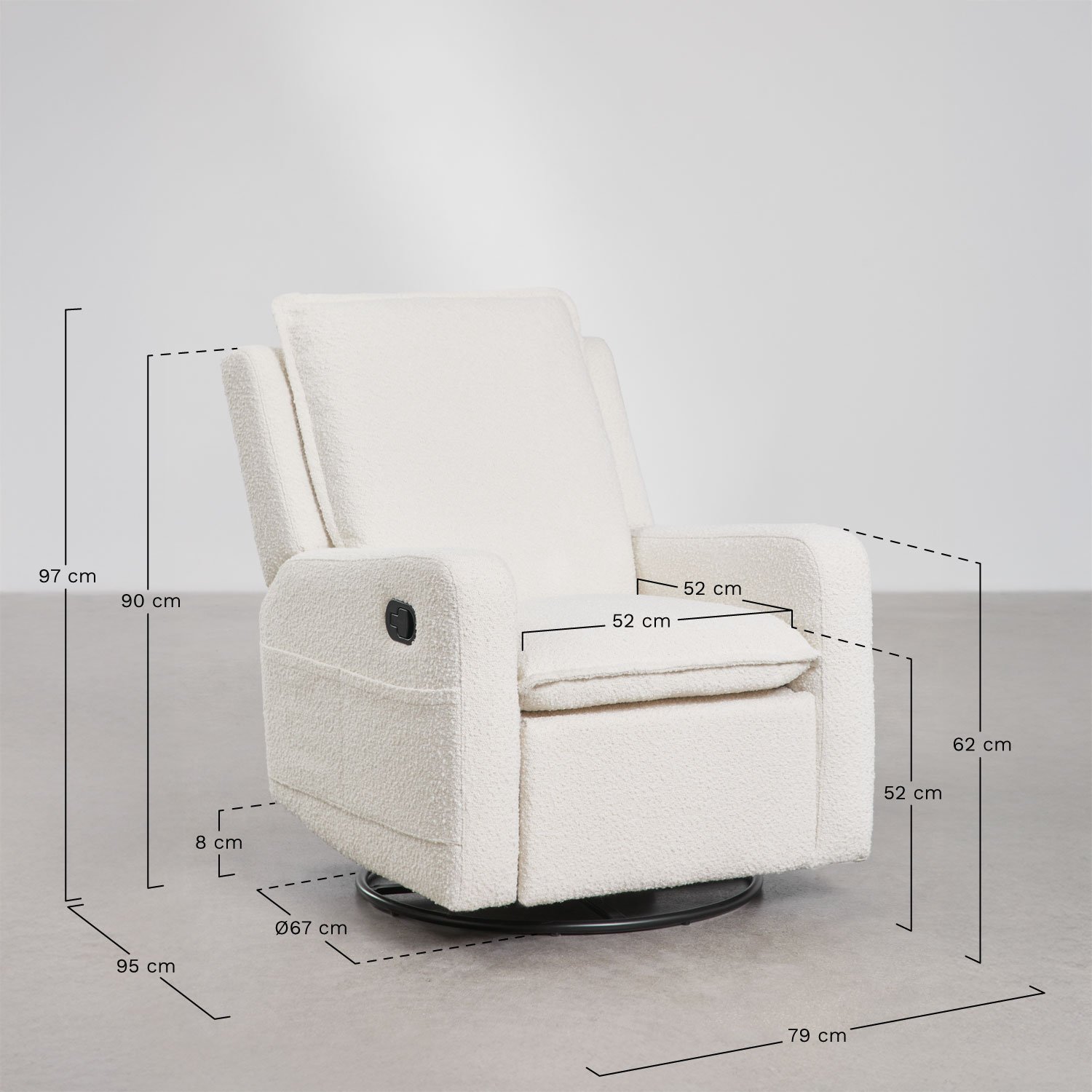 Pack de 2 fauteuils inclinables et pivotants en tissu bouclé Nolon, mesures