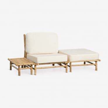 Ensemble De Jardin Avec Fauteuil, Pouf Et Table D'appoint Latérale Rectangulaire 75x40 Cm En Bambou Isendra Tissu Blanc - Sklum