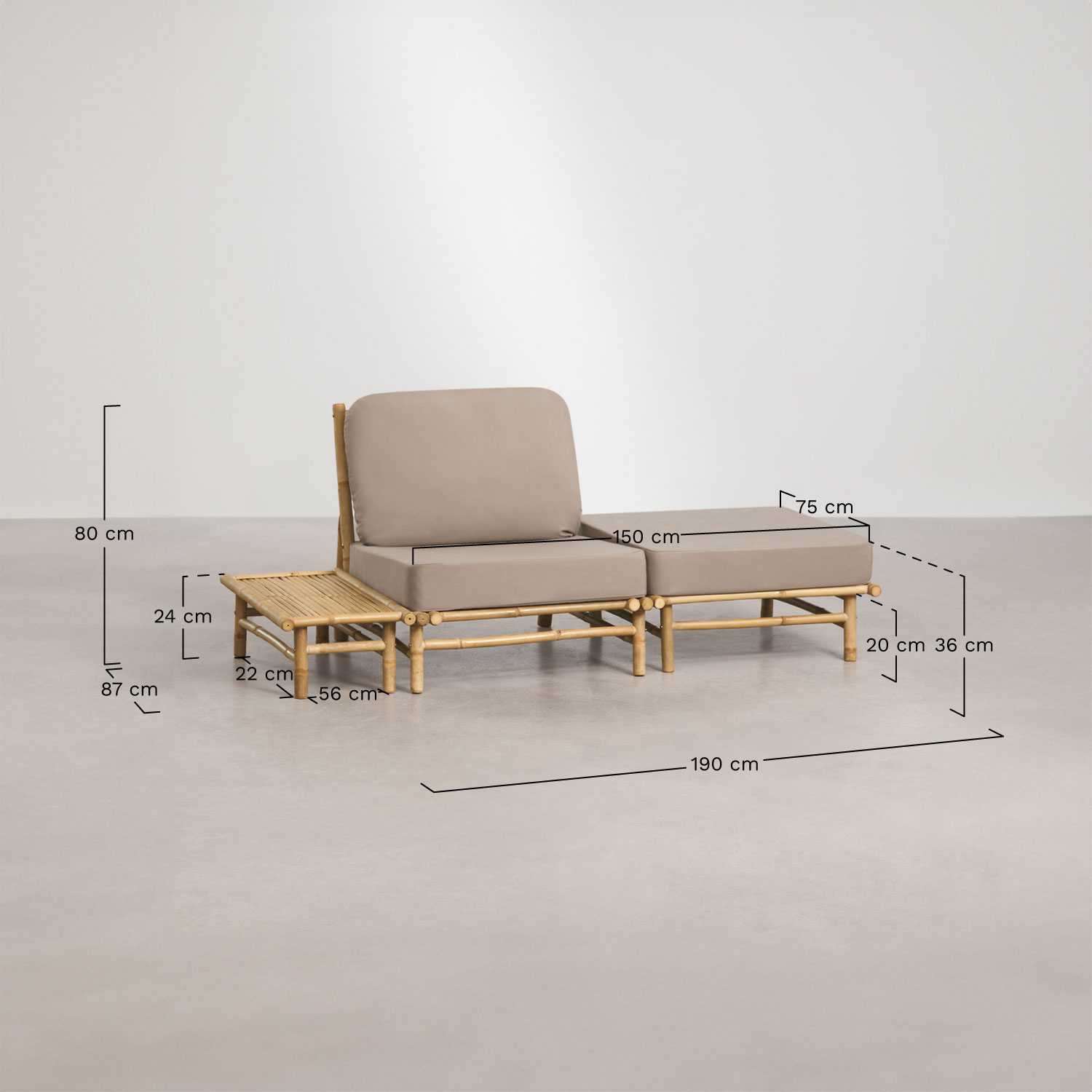 Ensemble de jardin avec fauteuil, pouf et table d'appoint latérale rectangulaire 75x40 cm en bambou Isendra, mesures