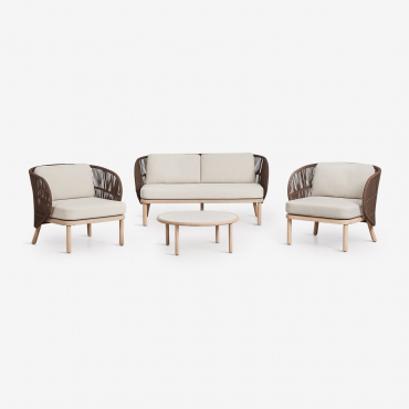 Ensemble De Jardin Avec Canapé 2 Places, 2 Fauteuils En Corde Tressée Capri Et Table Basse En Bois D'acacia Olivia Marron Chocolat - Sklum