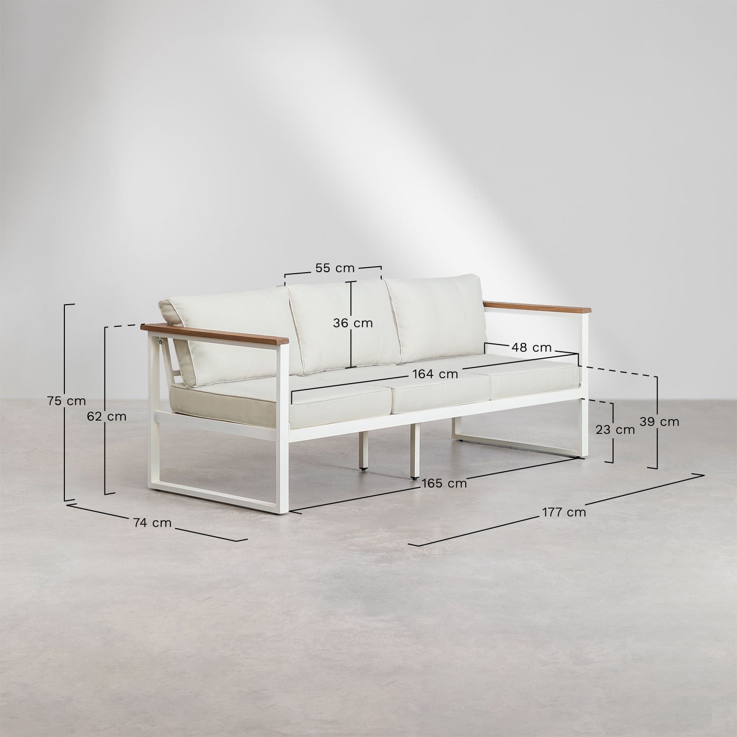 Ensemble de jardin avec canapé 3 places et table basse en aluminium 110x55cm Lipov, mesures