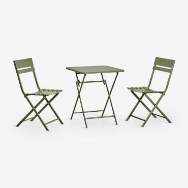 Set De Table Carrée 60x60 Cm Pliable Et 2 Chaises De Jardin En Acier Tamarit Vert Olive Intense - Sklum