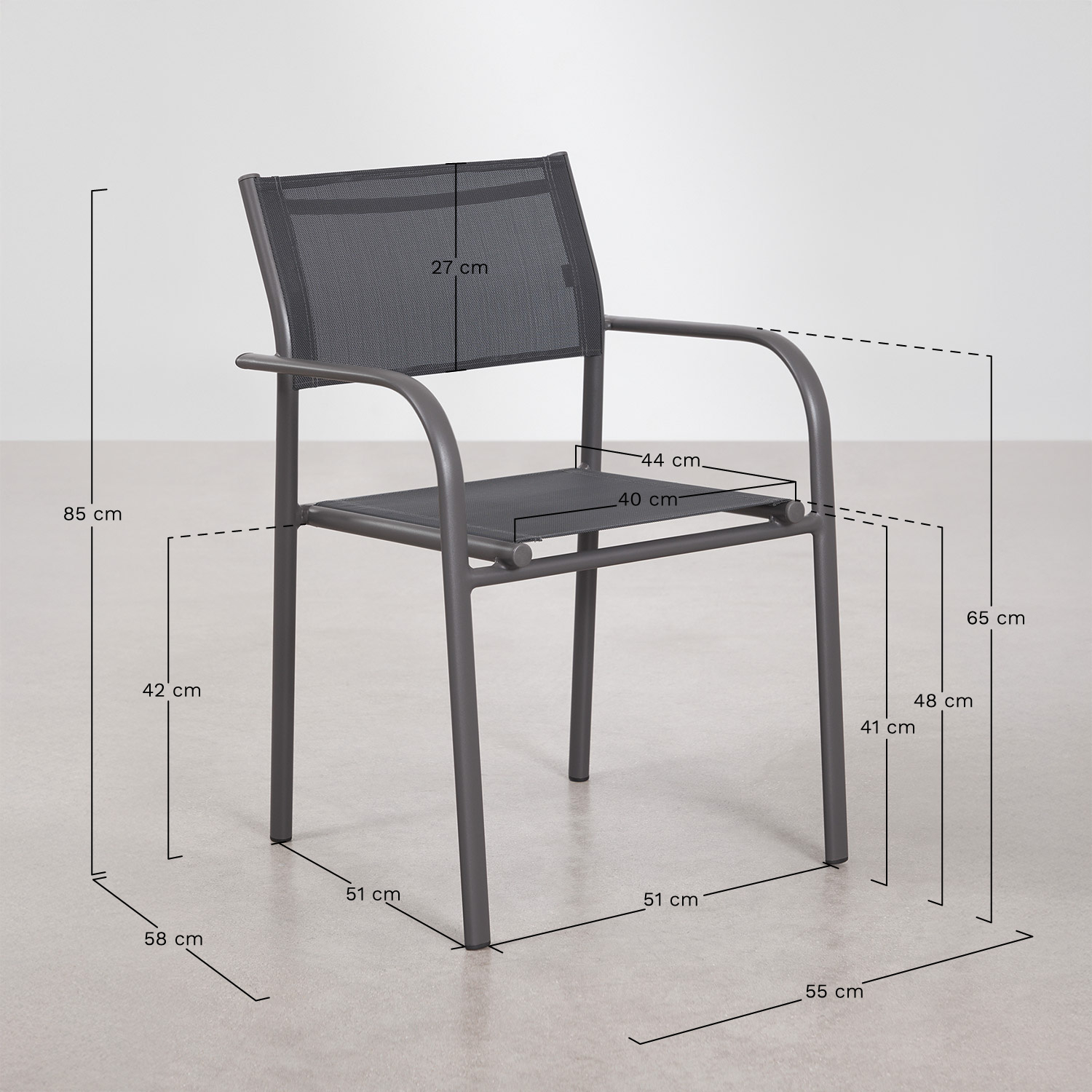 Chaise de jardin empilable avec accoudoirs en aluminium Olenia, mesures