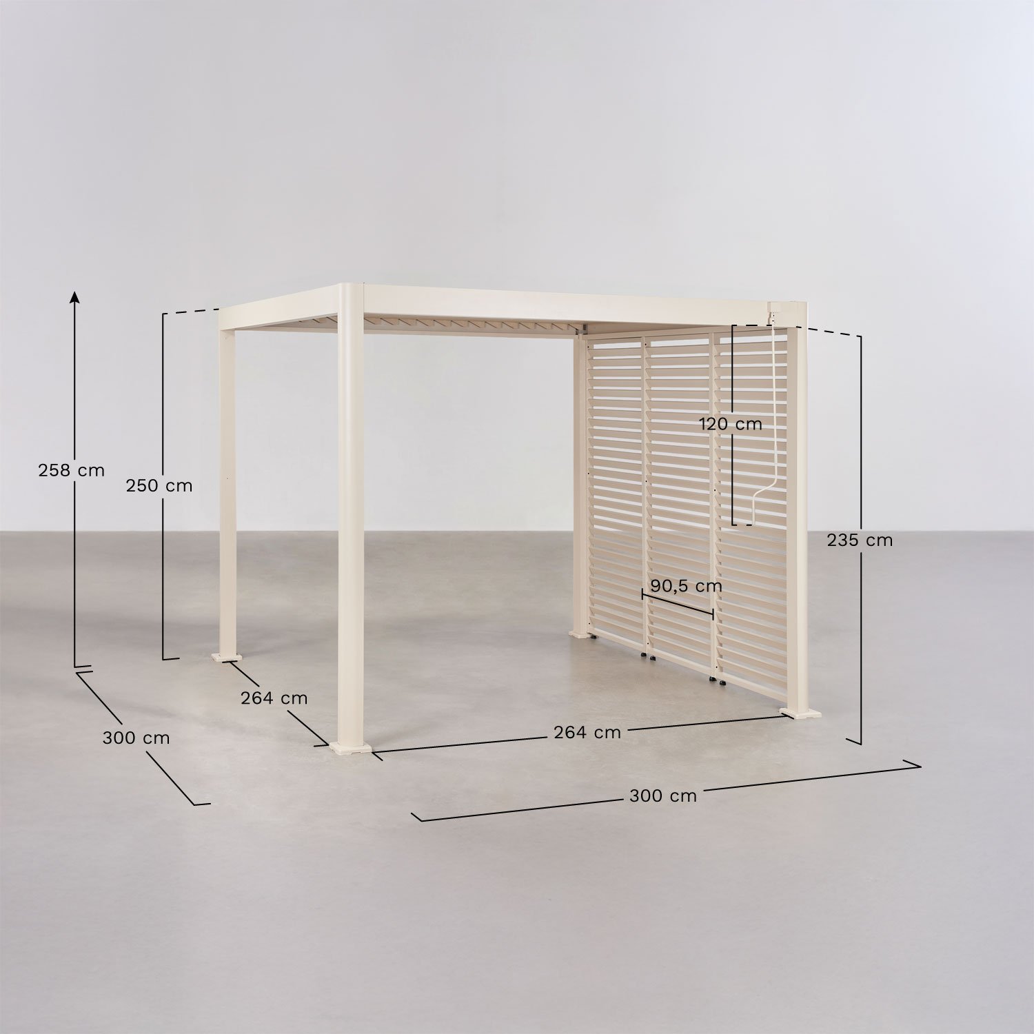 Pergola bioclimatique à lames avec panneau latéral en aluminium Druvia, mesures