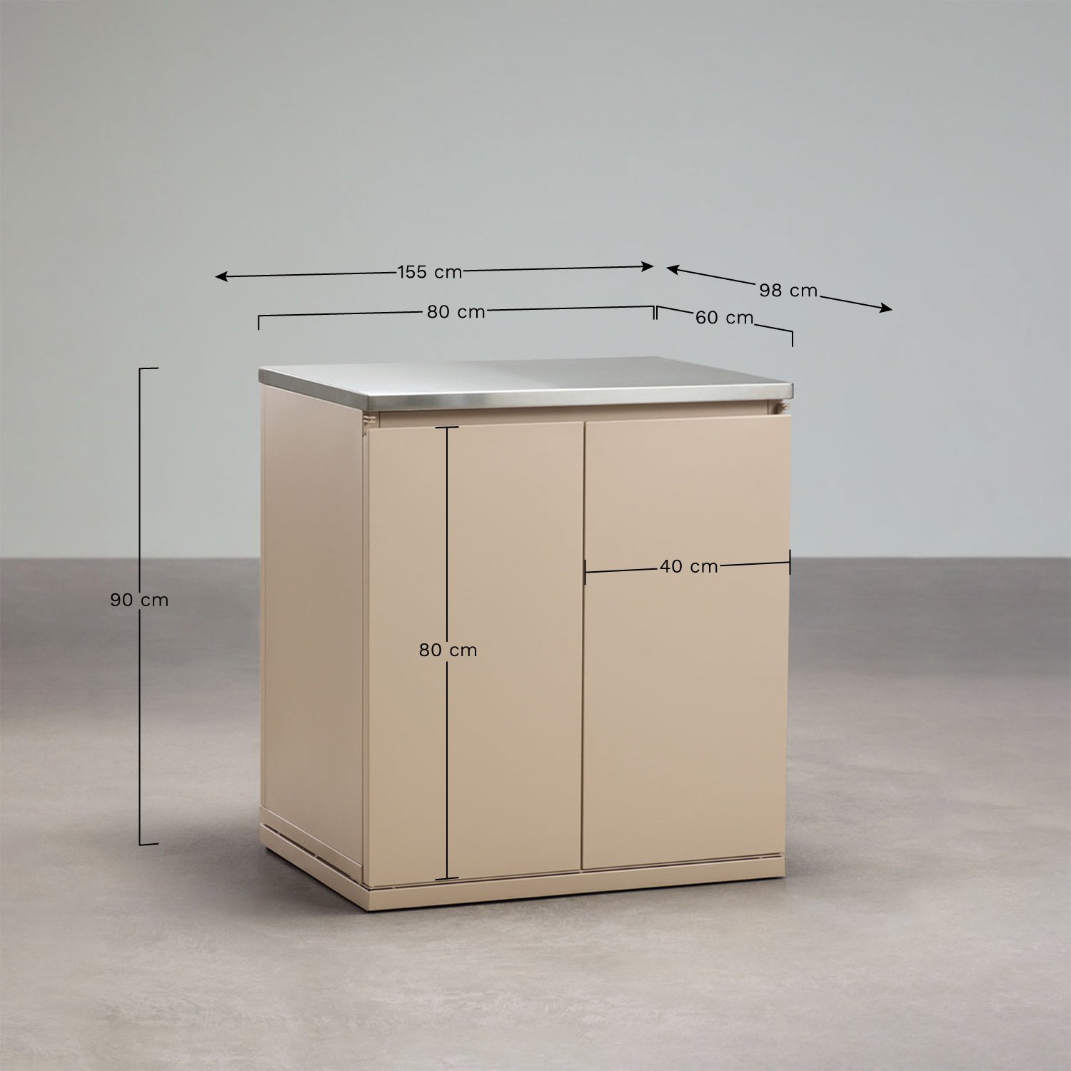 Module de rangement pour cuisine modulaire d'extérieur en acier Rivana, mesures