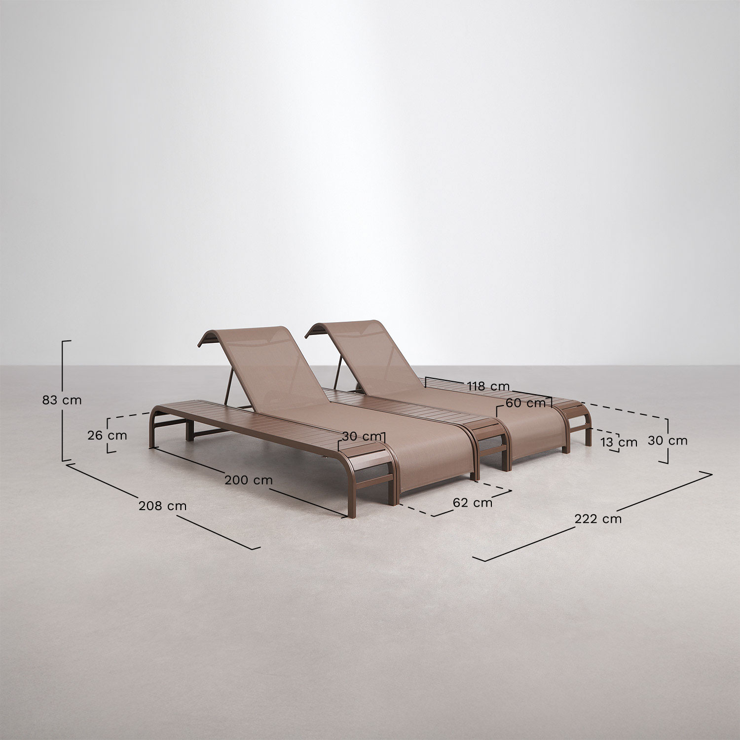 Set de 2 chaises longues inclinables et 3 tables d'appoint en acier Marietta, mesures