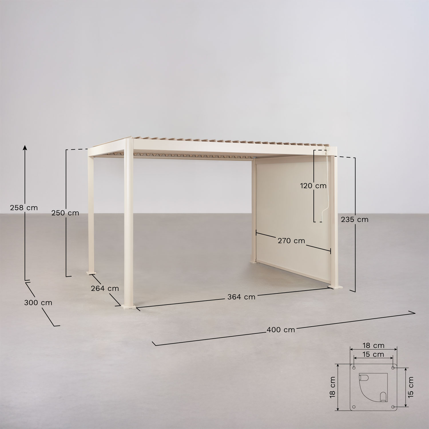 Pergola bioclimatique à lames avec store latéral en aluminium Druvia, mesures