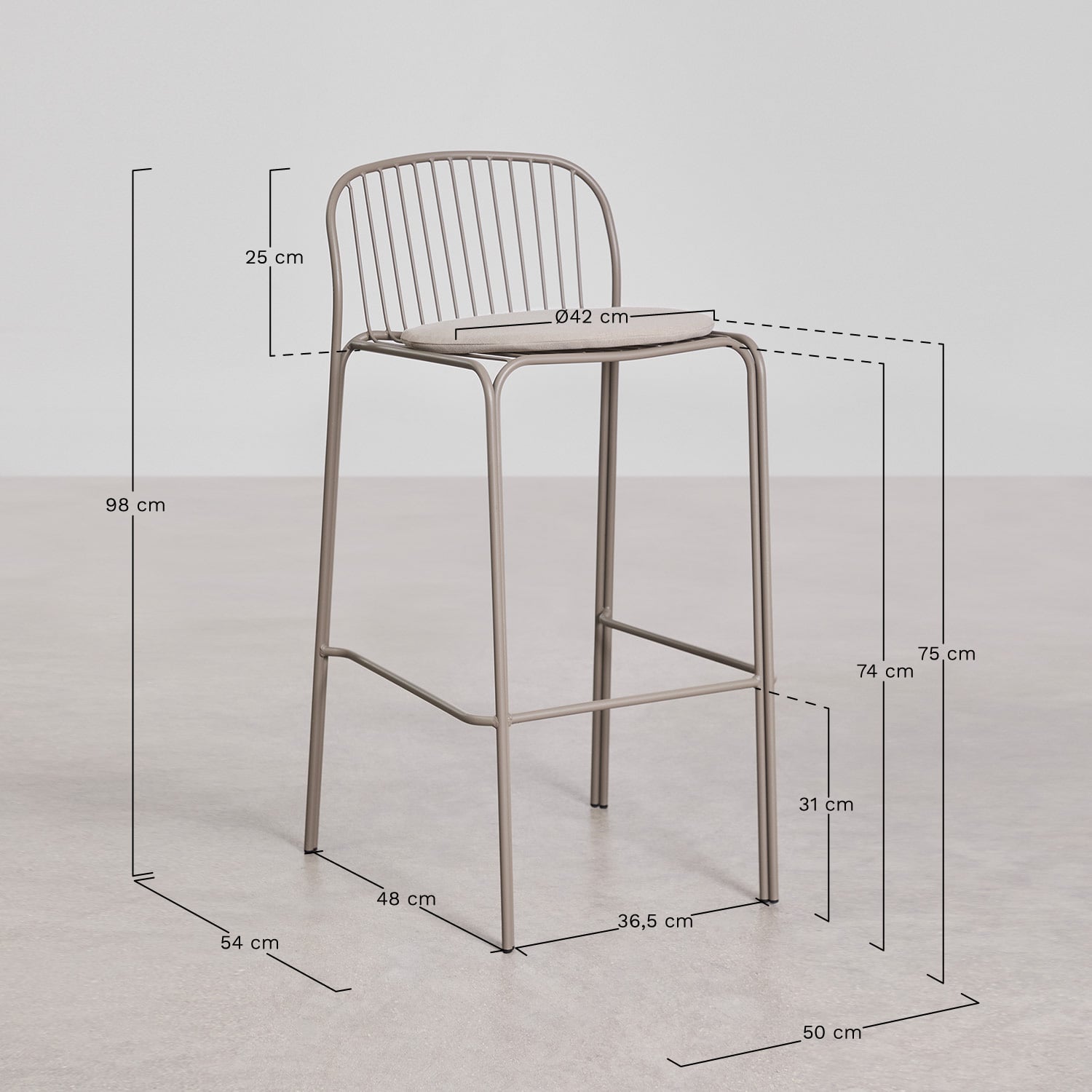 Pack de 4 tabourets de jardin hauts en acier Anerina, mesures