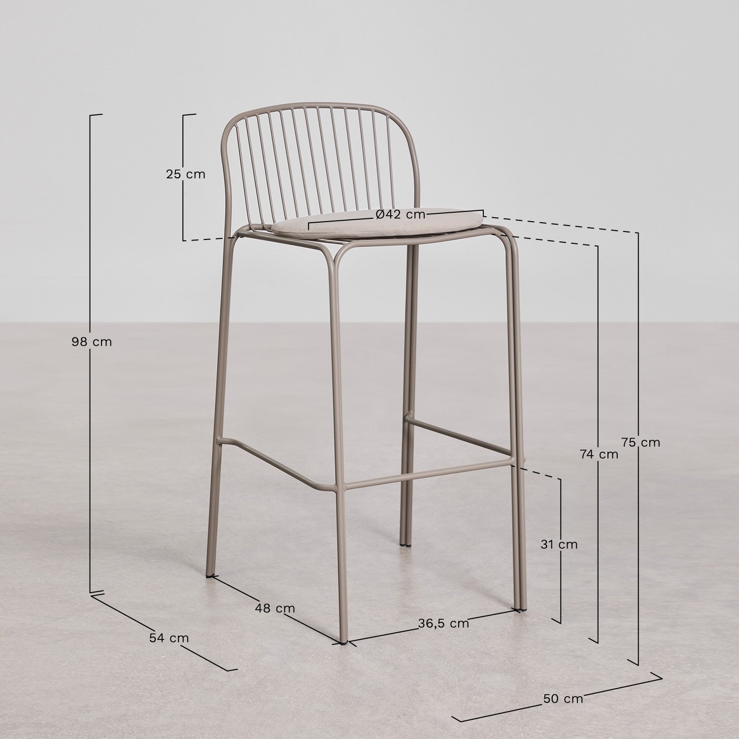 Tabouret haut en acier Anerina, mesures