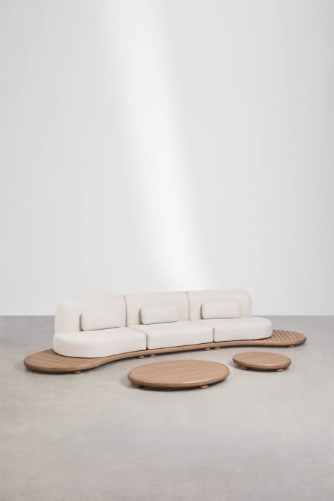 Ensemble de jardin avec canapé modulaire droit 3 pièces et 2 tables basses en bois d'acacia Gerard