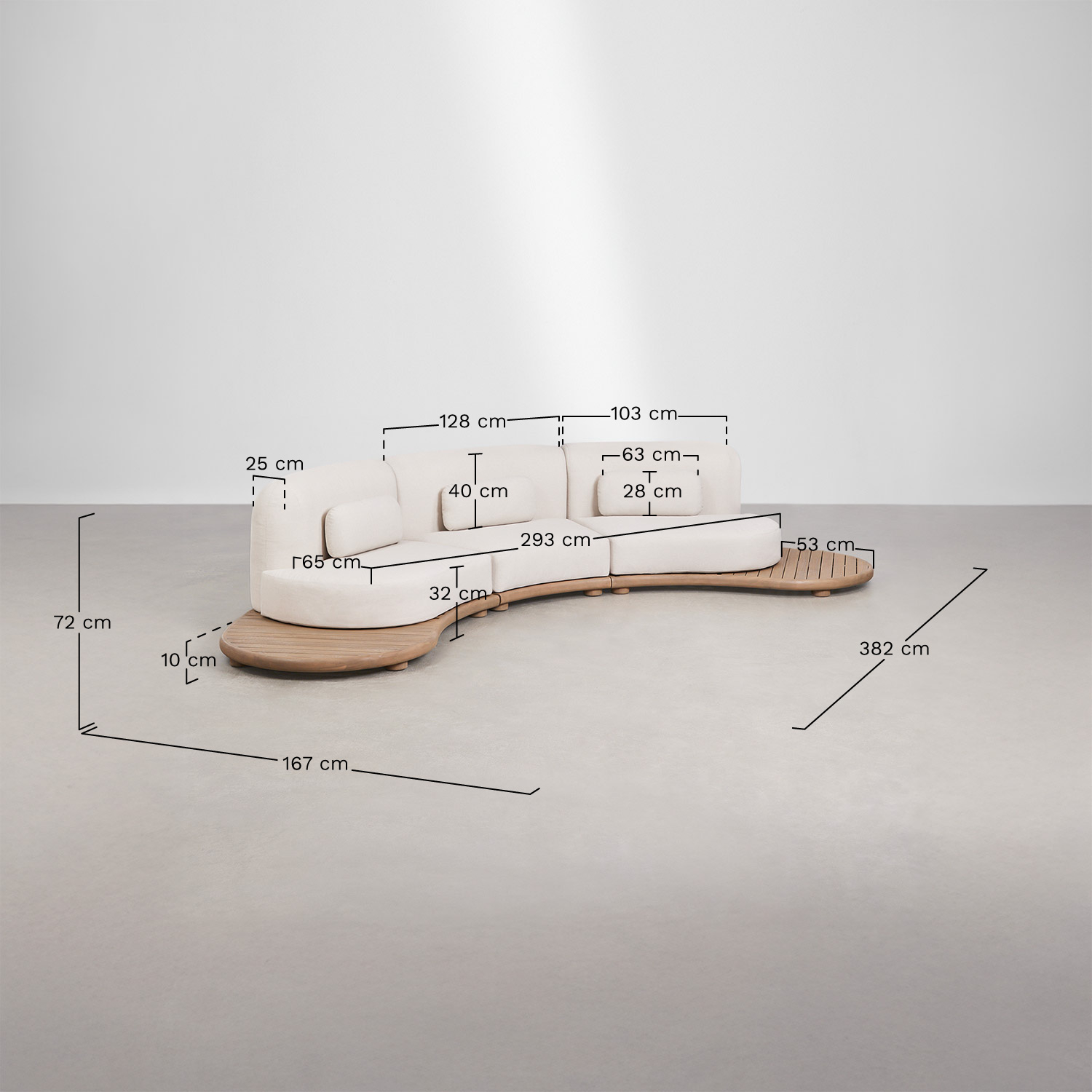 Ensemble de jardin avec canapé modulaire droit 3 pièces et 2 tables basses en bois d'acacia Gerard, mesures