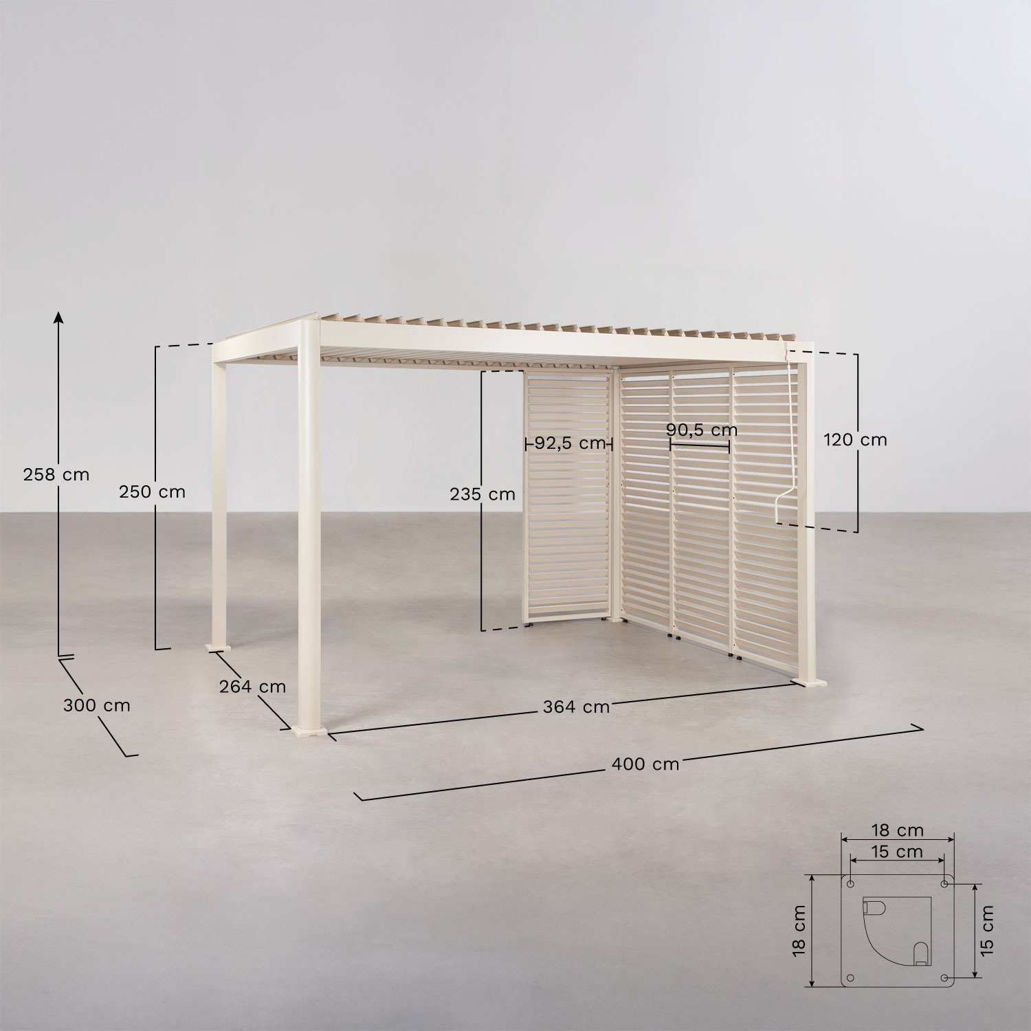 Pergola bioclimatique à lames avec panneaux en aluminium Druvia, mesures