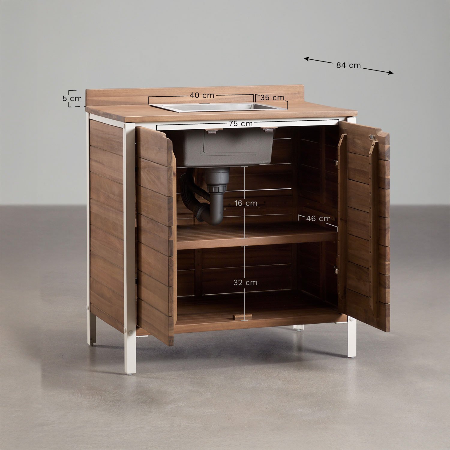 Module de rangement avec évier pour cuisine extérieure en bois d'acacia et aluminium Reggie, mesures