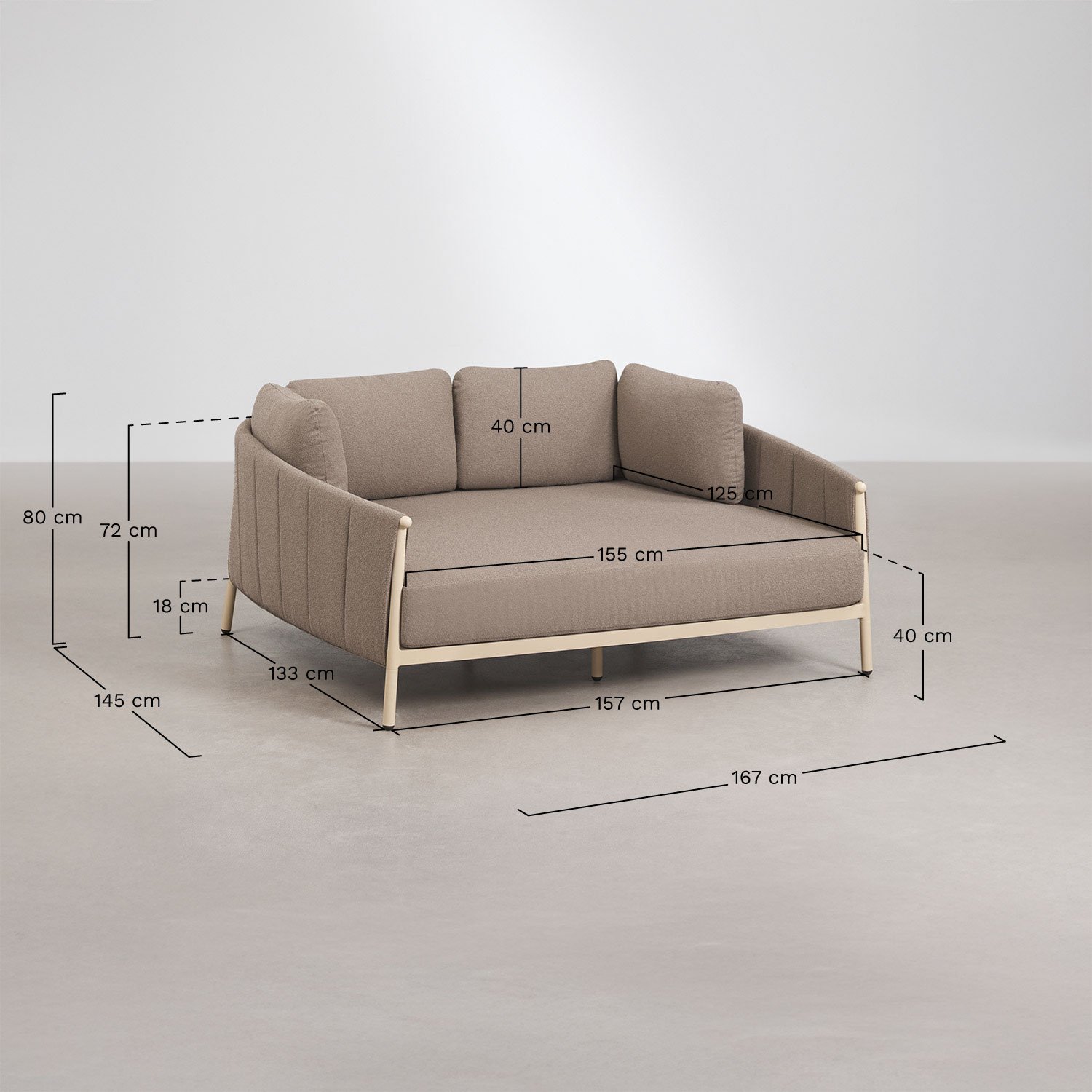 Chaise longue double en bouclé et aluminium avec coussins Boleni, mesures