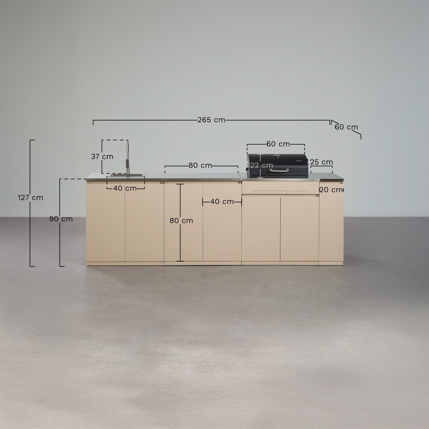 Cuisine modulaire d'extérieur 4 pièces avec évier, rangement et barbecue à charbon en acier Rivana, mesures