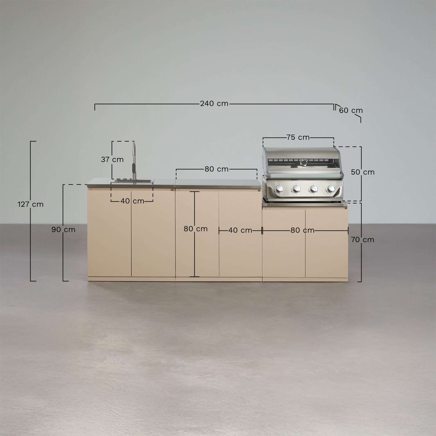 Cuisine modulaire d'extérieur 3 pièces avec évier et barbecue à gaz 4 brûleurs en acier Rivana, mesures