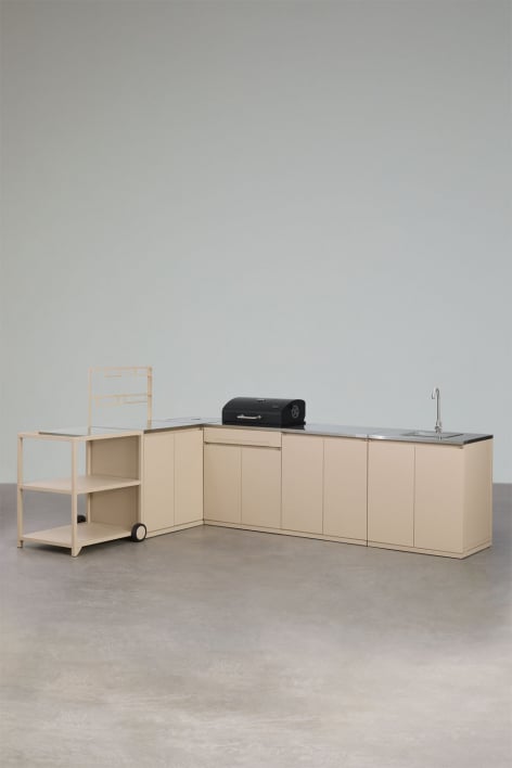 Cuisine modulaire d'angle extérieure 6 pièces avec évier, rangement et barbecue à charbon en acier Rivana