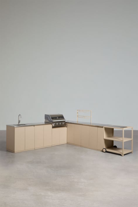 Cuisine modulaire d'angle extérieure de 8 pièces avec évier et barbecue à gaz à 4 brûleurs en acier Rivana