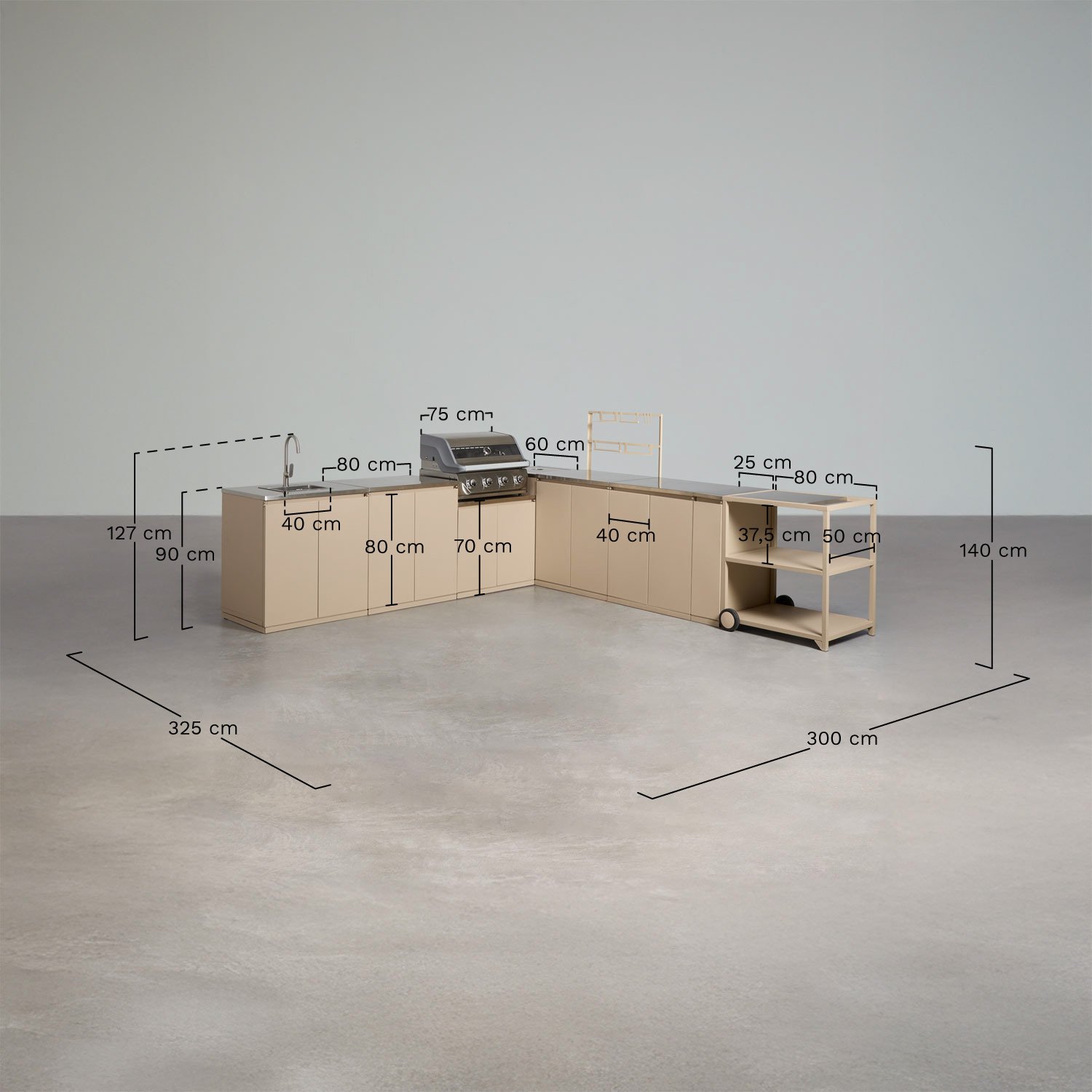 Cuisine modulaire d'angle extérieure de 8 pièces avec évier et barbecue à gaz à 4 brûleurs en acier Rivana, mesures