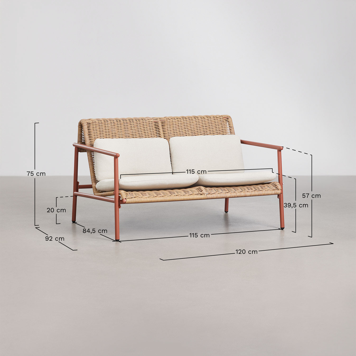 Ensemble de jardin avec canapé 2 places, 2 fauteuils et table basse en aluminium et rotin synthétique Duroli, mesures