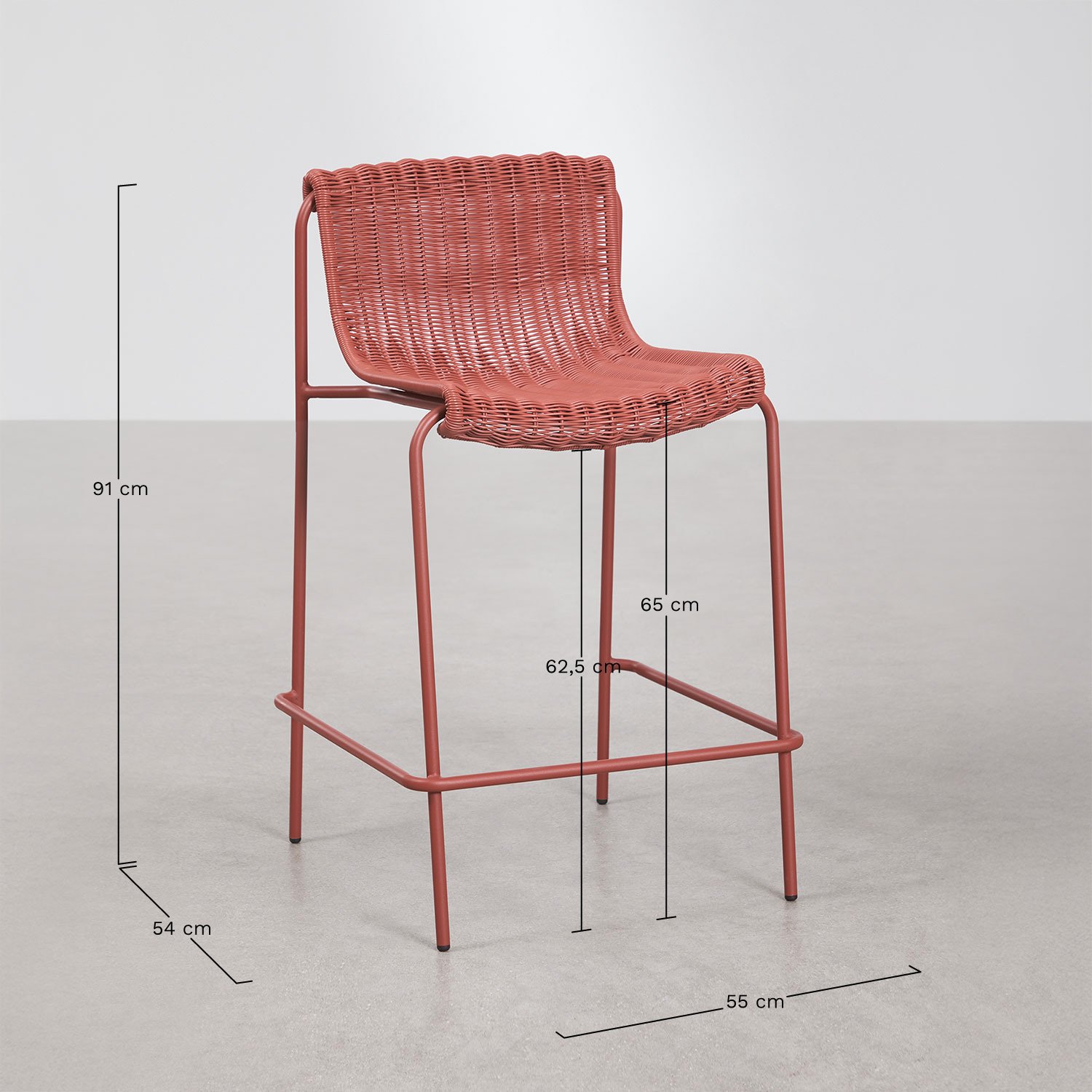 Pack de 4 tabourets hauts en rotin synthétique et acier Revia, mesures