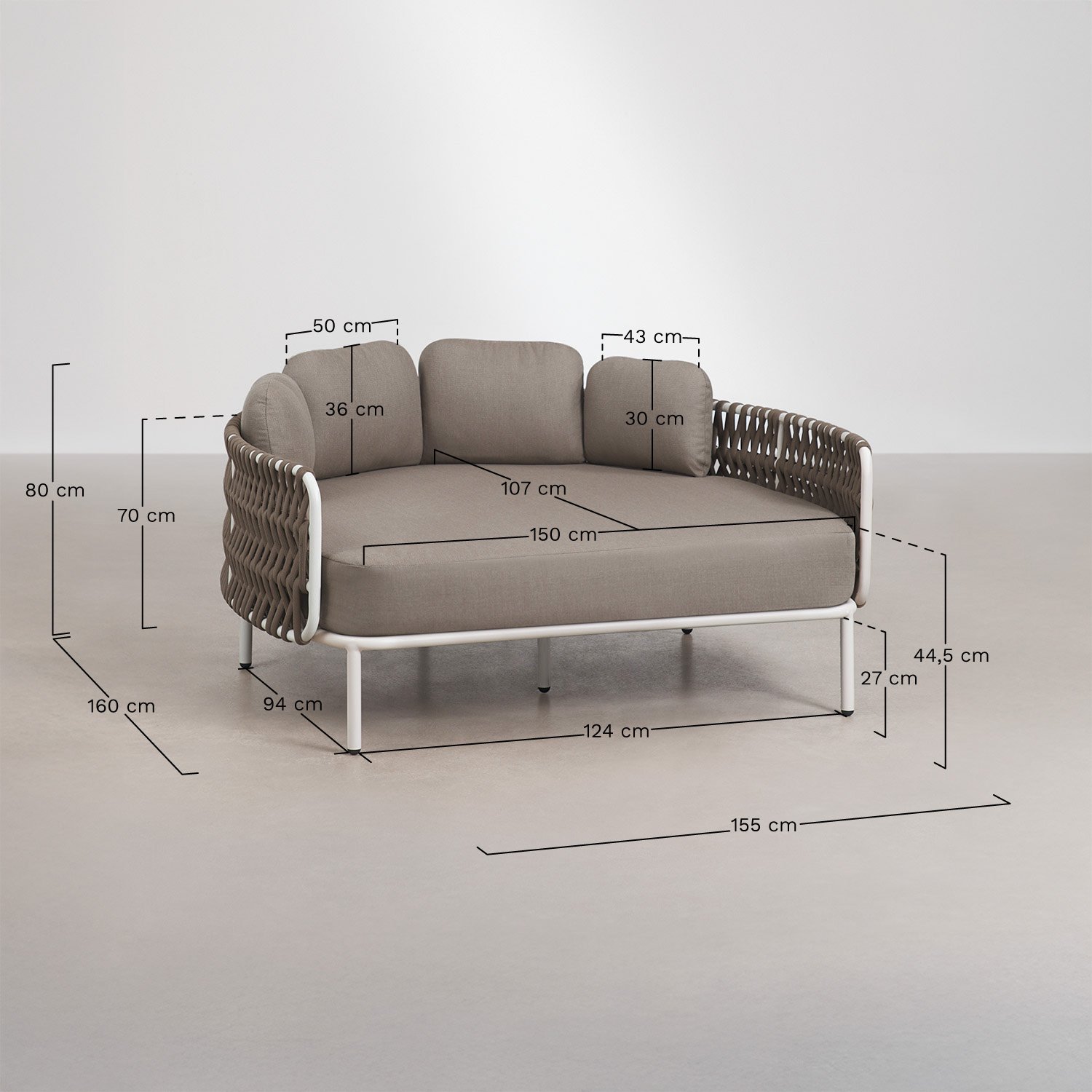 Double chaise longue en aluminium et corde tressée avec coussins Tevary, mesures