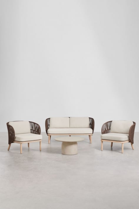 Ensemble de salon avec canapé 2 places, 2 fauteuils Capri et table basse ronde Ø75 cm en ciment Layana