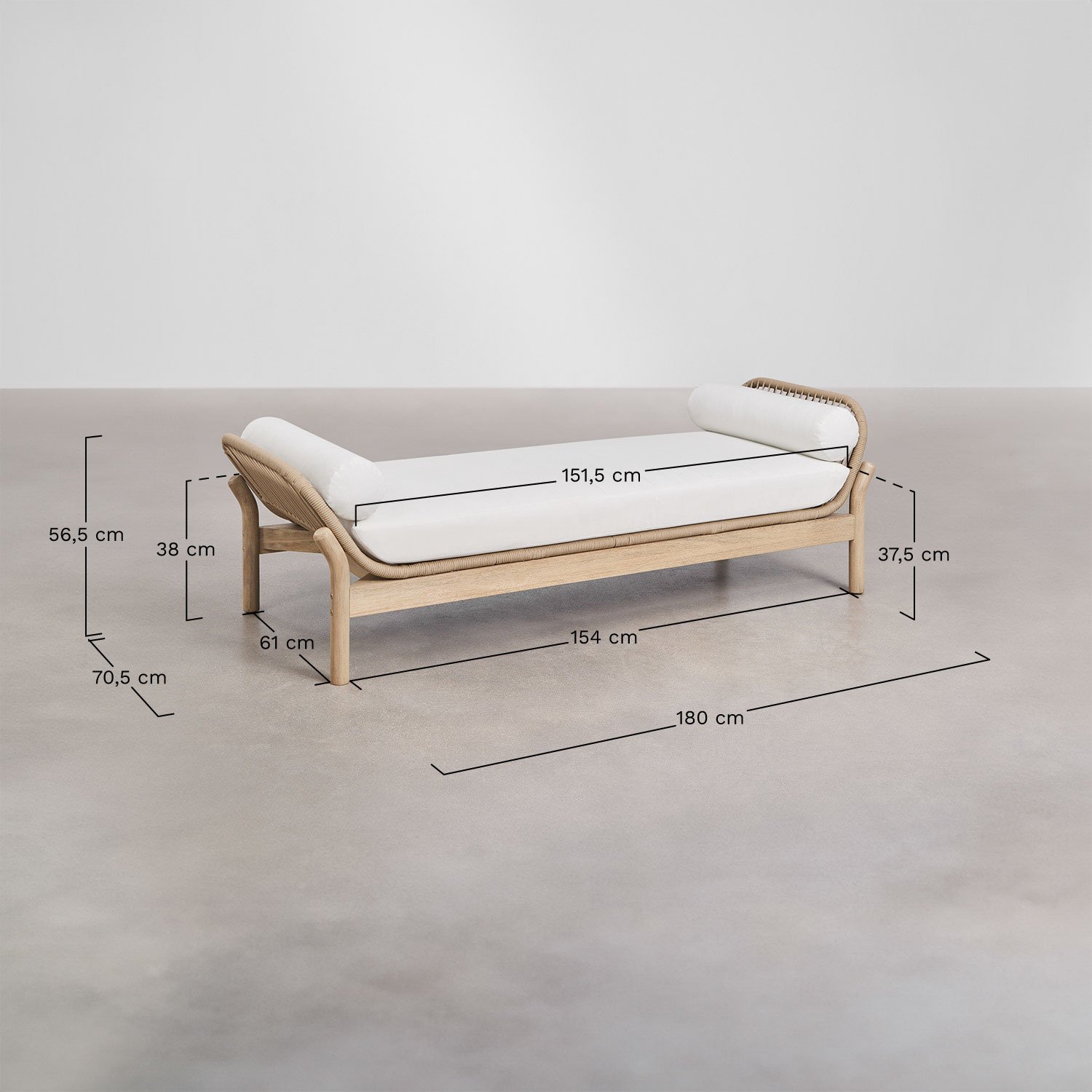 Divan en bois d'acacia et corde tressée Karvia, mesures