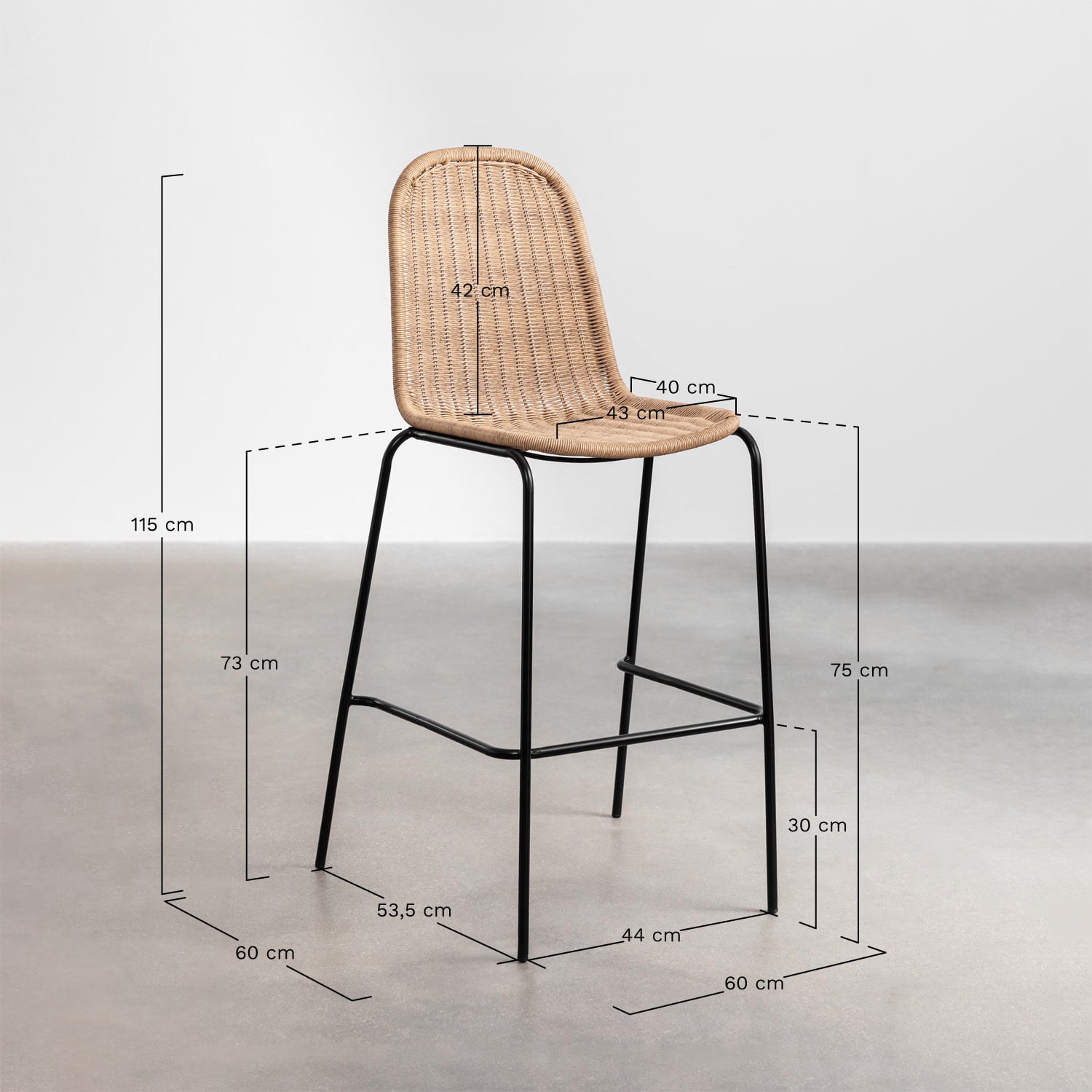 Tabouret haut empilable en rotin synthétique Reiven, mesures