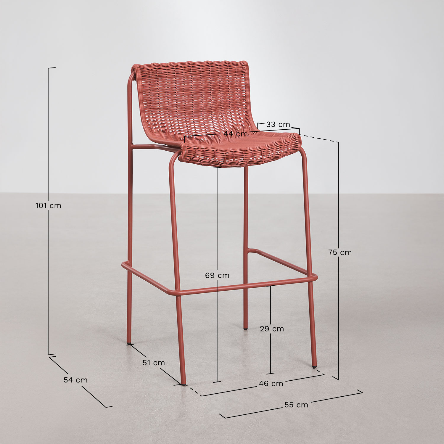 Tabouret haut de jardin en rotin synthétique et acier Revia, mesures