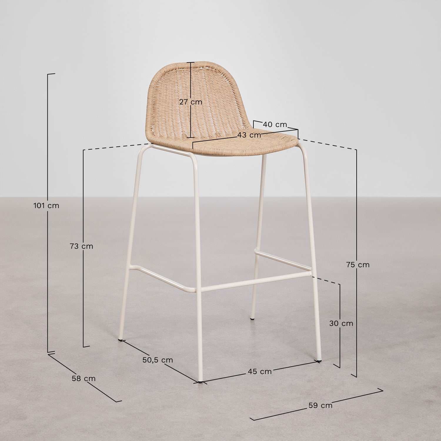 Pack de 2 tabourets de jardin hauts empilables en rotin synthétique Reiven, mesures