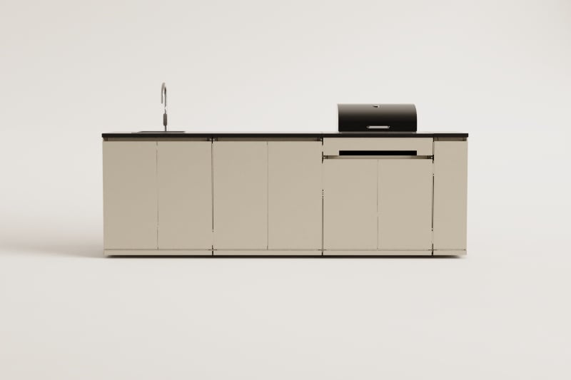 Cuisine modulaire d'extérieur 4 pièces avec évier, rangement et barbecue à charbon en acier Rivana